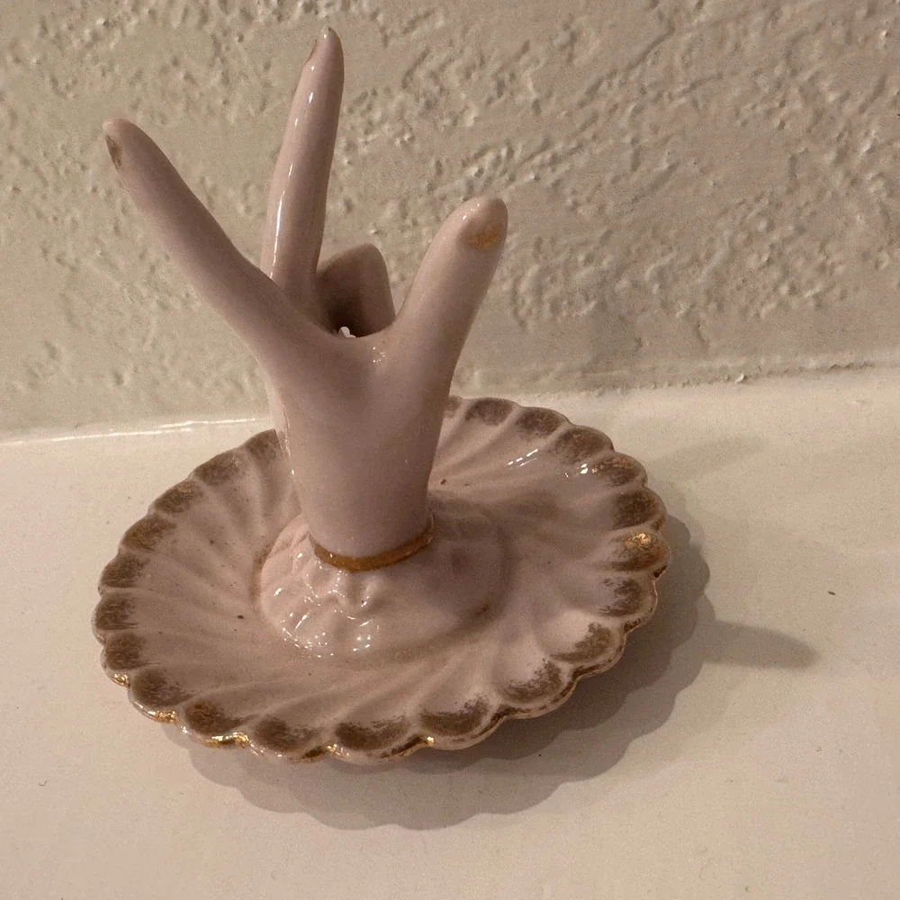 Vintage Pink Ceramic Hand Ring Holder Gold Gilt Scalloped Jewelry Dish Japan